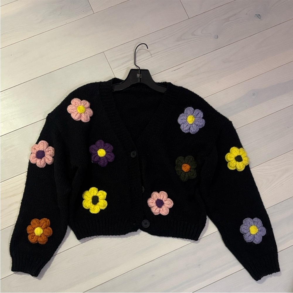 Cider Floral Embellished Black Sweater Size XS - Picture 2 of 8